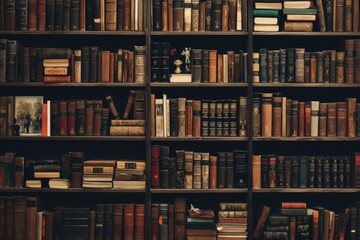 Poster - An image showing a bookshelf filled with numerous old books. Perfect for illustrating a library, vintage collection, or the joy of reading.