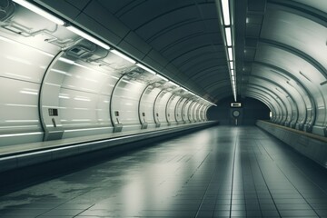 Poster - A subway station with a train coming into the tunnel. This image can be used to depict urban transportation or the hustle and bustle of city life