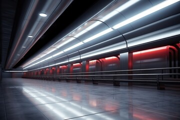 Poster - A picture of a subway station with a red light at the end. This image can be used to depict the atmosphere of a busy underground transportation system