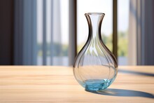 A Clear Glass Vase Sitting On Top Of A Wooden Table. Suitable For Home Decor Or Floral Arrangements.