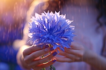 Canvas Print - A person is seen holding a blue flower in the rain. This image can be used to depict emotions, nature, and beauty in various projects.