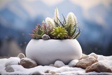 Aufkleber - A white vase filled with various plants. This picture can be used for home decor inspiration or in articles about indoor gardening.
