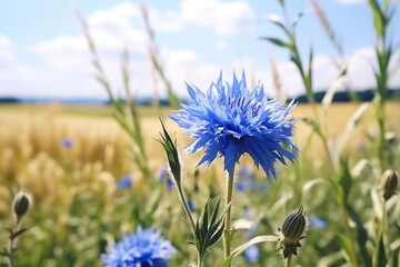 Poster - A close-up shot of a beautiful blue flower in a field. Perfect for nature enthusiasts and floral-themed projects.