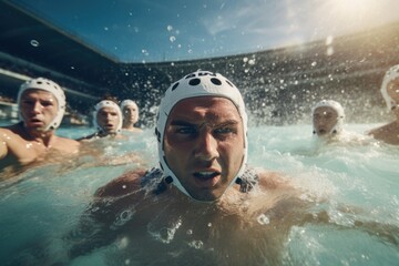 Wall Mural - A group of men engaging in a competitive game of water polo in a pool. 