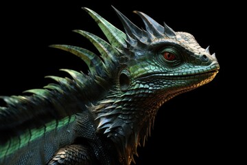 Poster - A detailed close-up view of a lizard against a black background. This image can be used for various purposes.