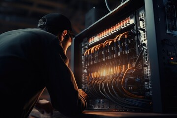 Aufkleber - A man is seen working on a computer in a dimly lit room. This image can be used to depict late-night work, technology, or a home office setup.