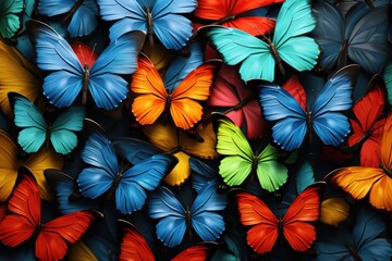 Poster - A close-up view of a vibrant bunch of colorful butterflies. Perfect for nature enthusiasts and those in need of a cheerful and lively image.