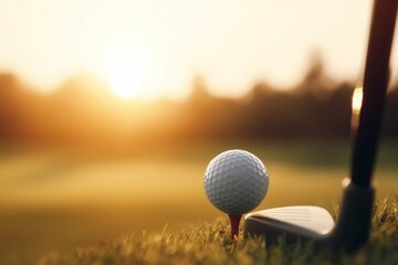 Canvas Print - Closeup photo of golf ball. Recreation outdoor sport activity on green field. Generate ai