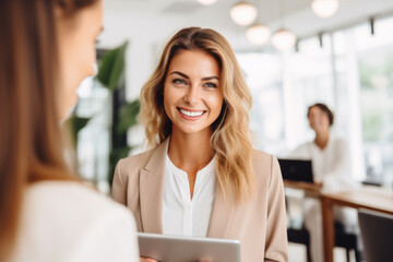 A smiling real estate agent interacts with a client in a bright office setting.