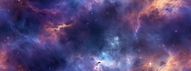 Seamless space texture background. Stars in the night sky with purple pink and blue nebula. A high resolution astrology or astronomy backdrop pattern