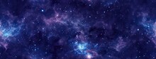 Seamless Space Texture Background. Stars In The Night Sky With Purple Pink And Blue Nebula. A High Resolution Astrology Or Astronomy Backdrop Pattern