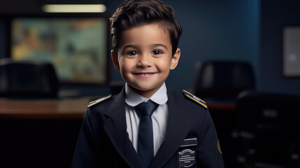 A little boy pretends to be an airplane pilot. The concept of children in adulthood.