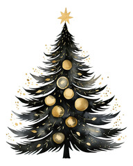 Watercolor black and gold christmas tree isolated.