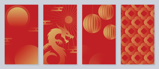 Wall Mural - Happy Chinese New Year cover background vector. Year of the dragon design with golden dragon, Chinese lantern, coin, cloud, sun. Elegant oriental illustration for cover, banner, website, calendar.