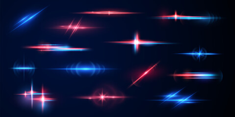 Poster - Realistic light reflections, neon illumination in red and blue colors. Bright light lens. Police light effects, lines. Shiny stars, glowing sparks on a black background. Vector