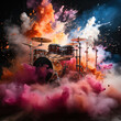 rock music instruments exploding with colourful,Generative AI