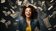 Attractive young woman stands under money fly rain.