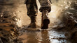 A close-up of a soldier's boots as he advances through a narrow trench, the mud clinging to his uniform, symbolizing the hardships of war. 