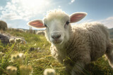 Fototapeta Londyn - sheep is looking at you from its meadow on farm background.