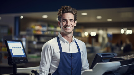 Wall Mural - Smiling male cashier at checkout counter with digital tablet in store