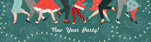 Christmas And Happy New Year Illustration Of Dance Party. Trendy Retro Style. Vector Design