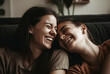 © larrui - A Moment of Relaxation: Two women Lounging on a Couch in a Cozy Living Room, ai generative