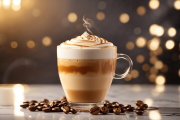 Wall Mural - Caramel infused cappuccino or latte in a glass. ai generative