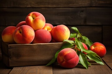 Wall Mural - Fresh peaches in a wooden box on a dark wooden background, fresh peaches on wood background, AI Generated