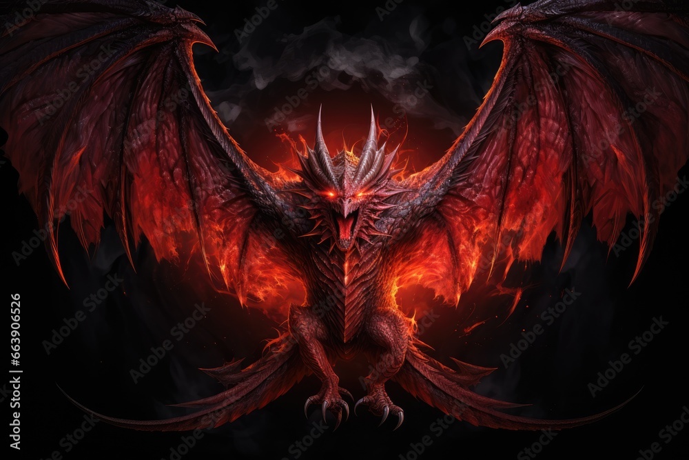 3d rendering of a fantasy dragon with fire on a black background, Full ...