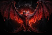3d Rendering Of A Fantasy Dragon With Fire On A Black Background, Full Length Angry Red Dragon With Big Wings And Fire On Black Background, AI Generated