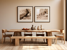 Modern Farmhouse Japandi Dining Room: Live Edge Dining Table, Wooden Log Chairs, Beige Wall With A Large Art Poster Frame.
