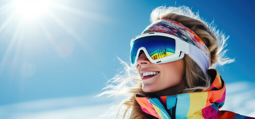 smiling female skier with goggles on blue sky background on sunny winter day. ski vacations