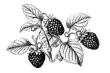 Wall Mural - Blackberry fruit hand drawn ink sketch. Engraved style vector illustration