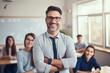 © Mongkol - Portrait of a smiling male teacher in an elementary school class, surrounded by attentive students. Perfect for illustrating the joy of teaching and learning.
