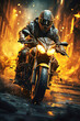 male biker motorcyclist rider in helmet rides a sports motorcycle in a race in night city