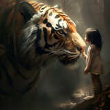 Fototapeta Kuchnia - The tiger growls and the little girl nearby. Not afraid of the tiger, strokes it. Tigers are wild animals, and no matter how calm or tame they might appear, they can be unpredictable.