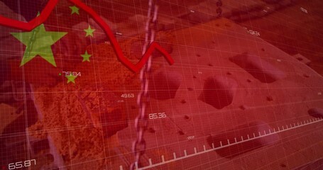 Poster - Animation of red line, flag of china and financial data processing over factory