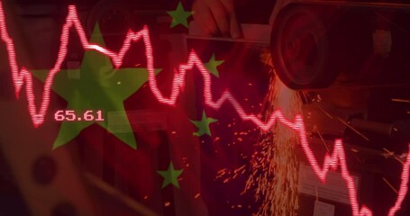 Poster - Animation of financial data processing, flag of china over factory