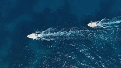 Wall Mural - vacation and leisure. aerial view on fast boat on blue mediterranean sea at sunny day. fast ship on 