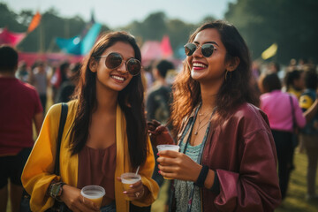  two young woman enjoying at music festival event.
