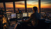 Young Man Air Traffic Controller Working At His Cabin