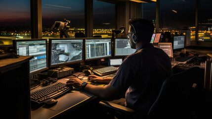 Young man air traffic controller working at his cabin