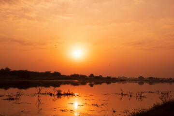 Wall Mural - sunset over the river with reflection on the water, in india
