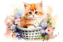 Cute Kitten In Beautiful Basket With Flowers On White Background