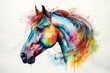 Colorful abstract portrait of a beautiful Arabian horse, painted in watercolor and inspired by rainbows. Generative AI