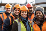 Fototapeta  - Group of male and female construction workers show unity at the construction site