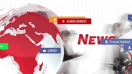 Poster - Animation of news text and social media tags over globe and data processing