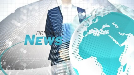 Poster - Animation of news text over globe, businesswoman and data processing