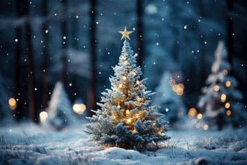 Wall Mural - Christmas tree decorated with garland lights is in winter forest at night