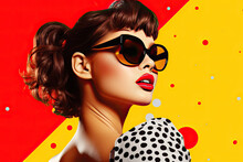 80s Style Pop Collage Illustration, Fashion Model With Sunglasses